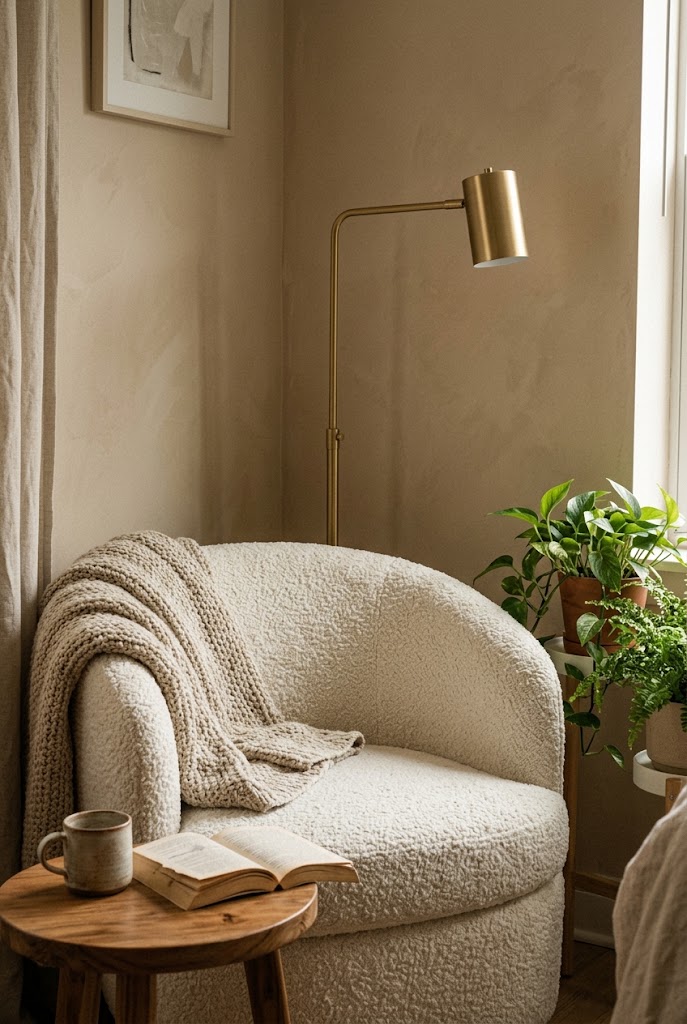 Ivory sherpa boucle barrel accent chair in a small cozy reading corner