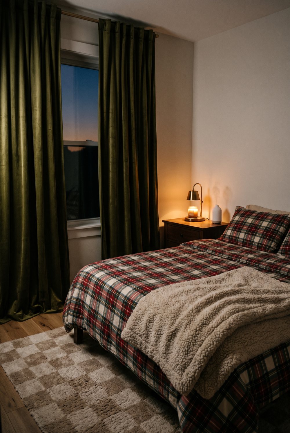 Cozy small bedroom with plaid bedding, velvet curtains and warm lamp light