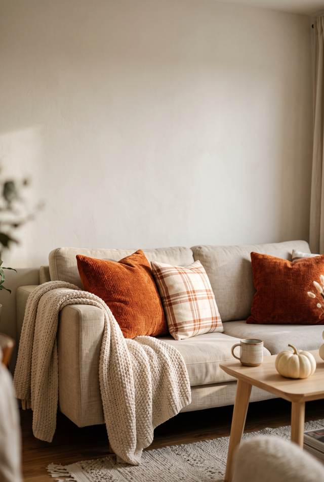 Burnt orange and plaid fall pillow covers on a sofa in a small apartment living room