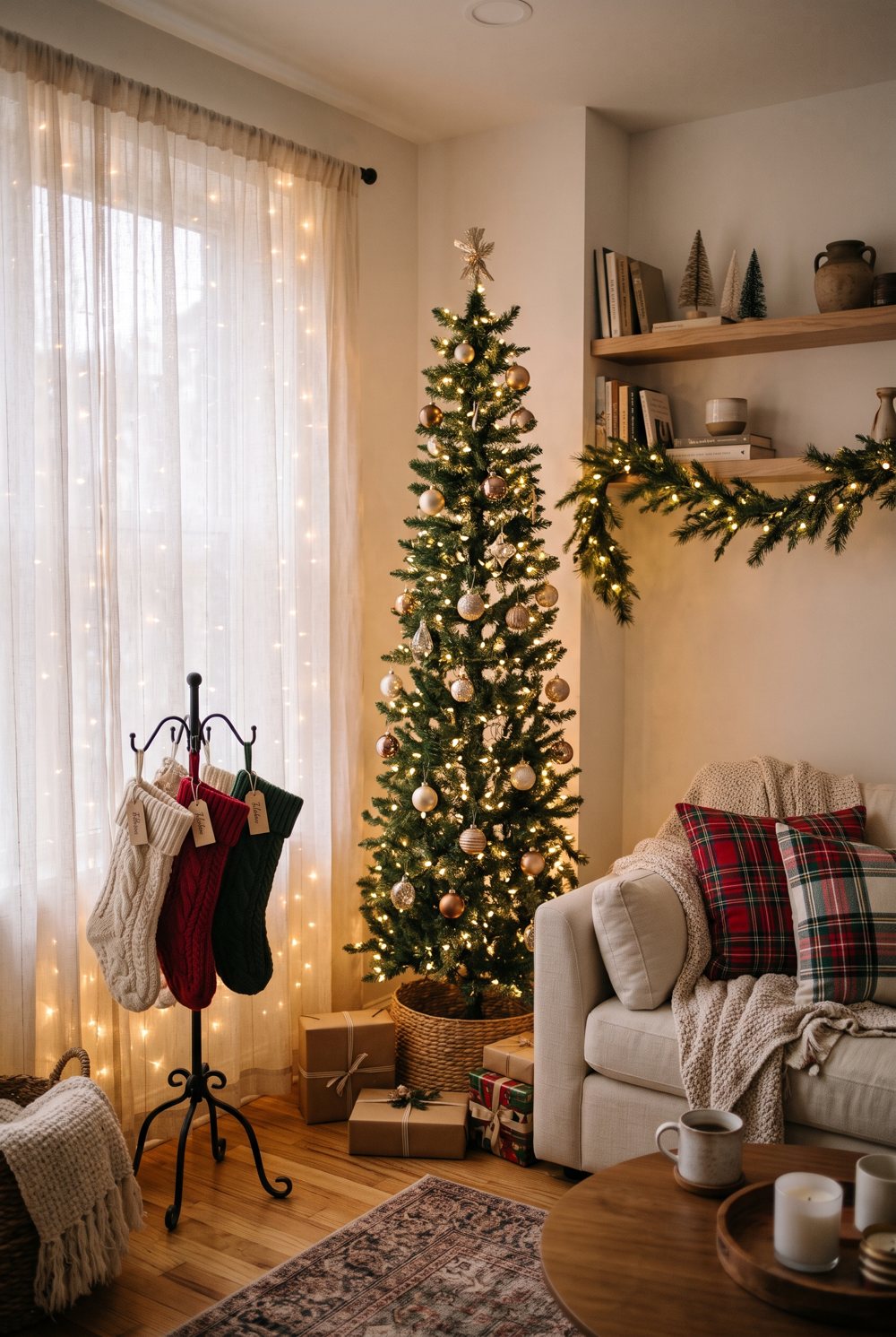 Slim lit Christmas tree, window lights and garland in a cozy small apartment